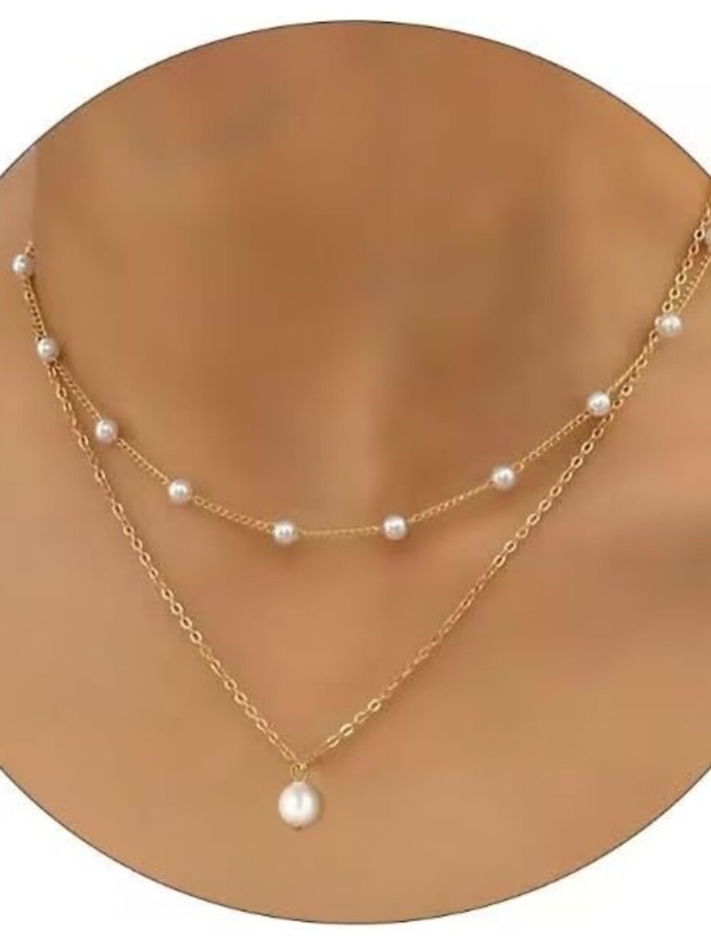 Gold Pearl Necklace For Women - 14K Gold Plated Layered Herringbone Chain Pearl